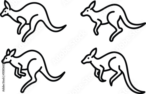 Four stylized line drawings of a kangaroo in different poses. Each drawing shows a kangaroo in a dynamic posture.