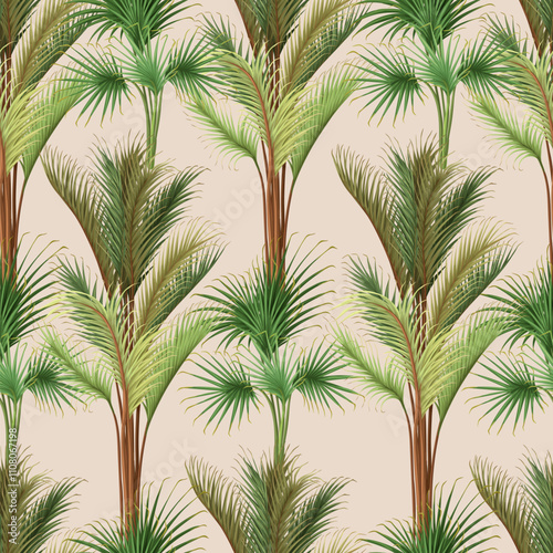 Seamless pattern with different palm trees. Tropical vector.