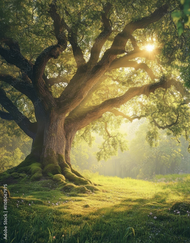 Fototapeta premium Majestic Ancient Tree Illuminated by Sunlight in a Lush Green Landscape, Capturing the Essence of Nature's Beauty, Serenity, and Tranquility in a Forest Setting