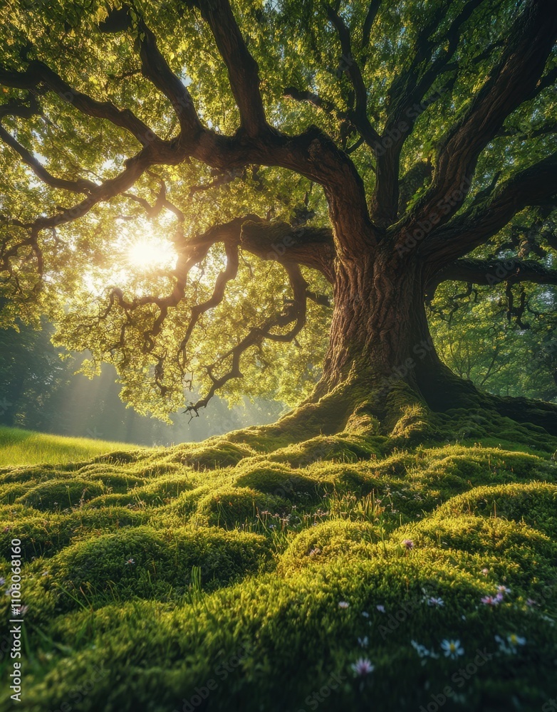 Fototapeta premium Majestic Ancient Tree with Expansive Branches Surrounded by Lush Greenery and Soft Sunlight Filtering Through a Vibrant Forest Landscape