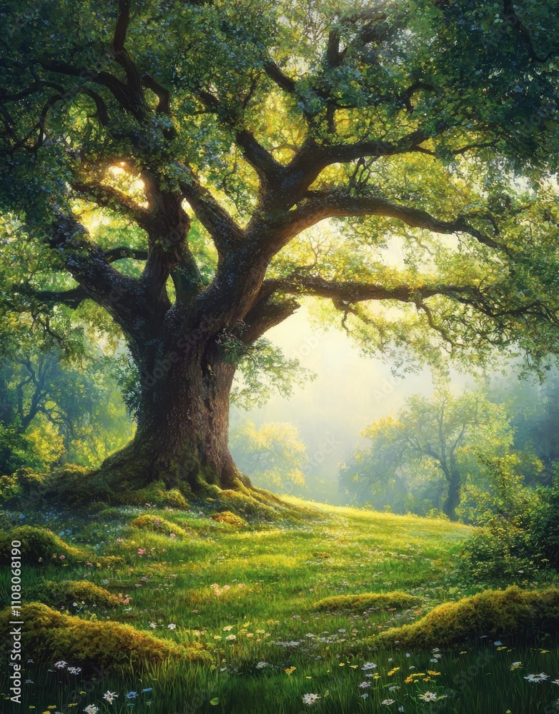 Fototapeta premium Majestic Ancient Tree Surrounded by Lush Greenery and Sunlight Filtering Through Leaves in a Serene Forest Setting