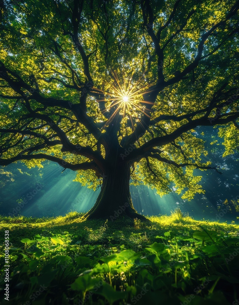 Fototapeta premium Majestic Oak Tree Standing Tall with Sunlight Streaming Through Lush Green Leaves in a Serene Woodland Landscape with Rays of Light