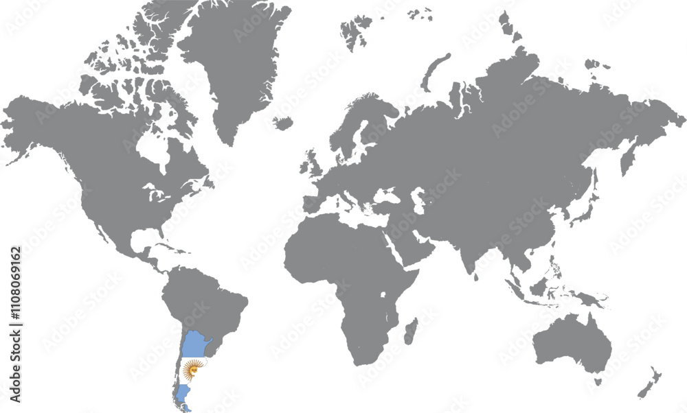 Obraz premium Argentina in World Map, World Map, Geographic Map, Argentina map, Argentina Border line, Asia, Africa, Europe, North America, South America, Australia Oceania