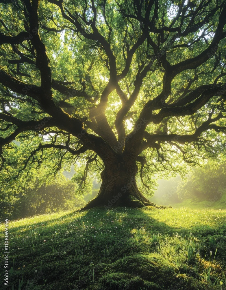 Fototapeta premium Majestic Tree with Lush Green Foliage Illuminated by Soft Sunlight in a Tranquil Meadow, Capturing Nature's Serenity and Beauty in a Picturesque Landscape