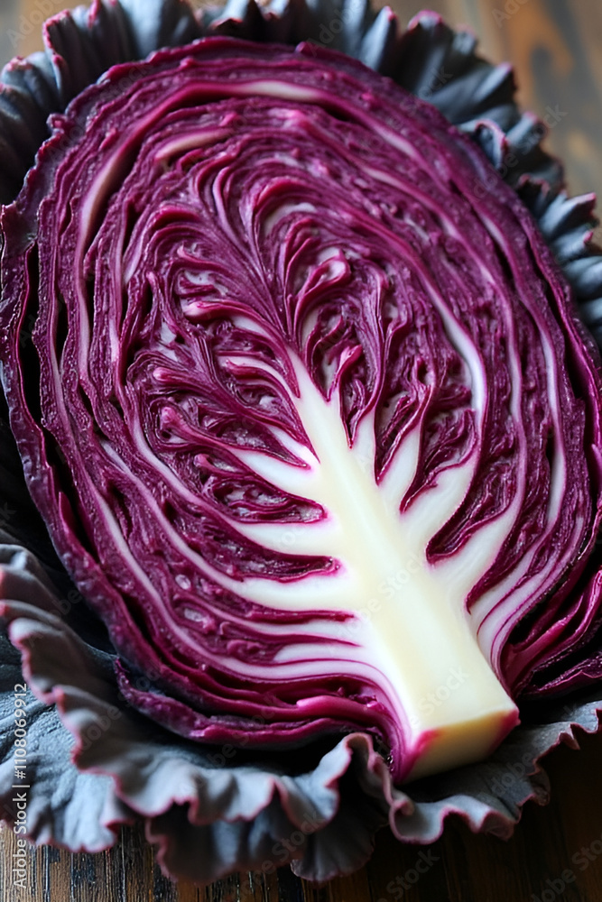 Obraz premium Half a red cabbage showing the inside textured layers of leaves