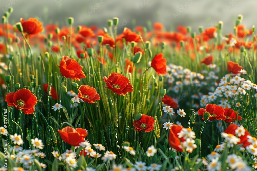 Fototapeta premium Colorful wildflower meadow with red poppies and white daisies.
