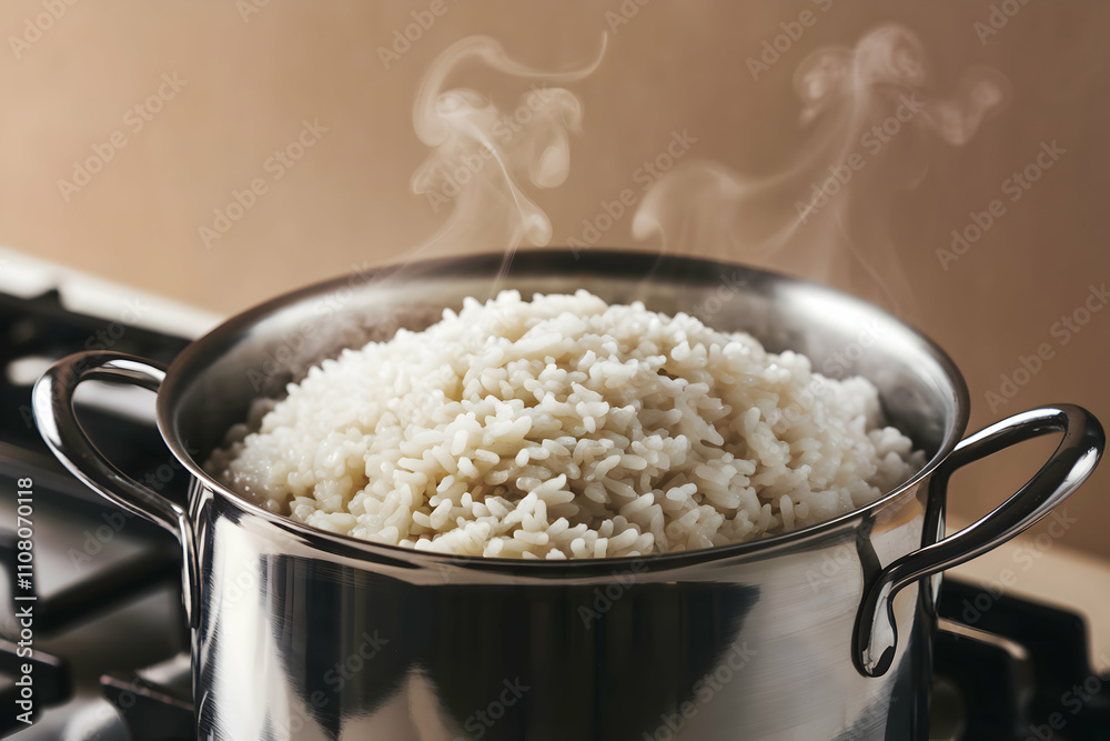 Steam rises from a pot of rice, exuding warmth in a muted kitchen Steam rises from a pot of rice, exuding warmth in a muted kitchen