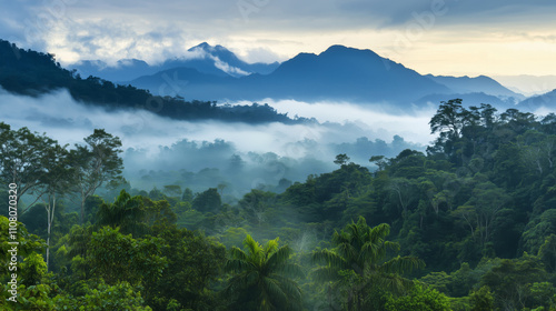 Beautiful sunset landscape of tropical forest surrounded by mountains photo