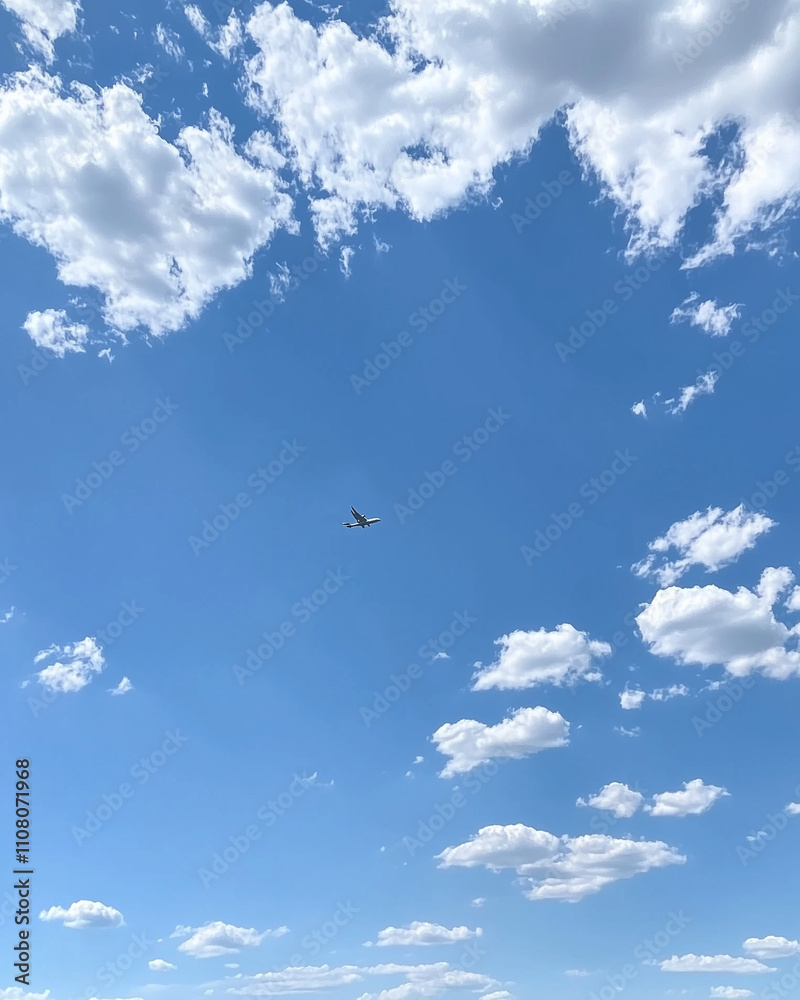 Fototapeta premium Airplane flying in blue sky with scattered clouds