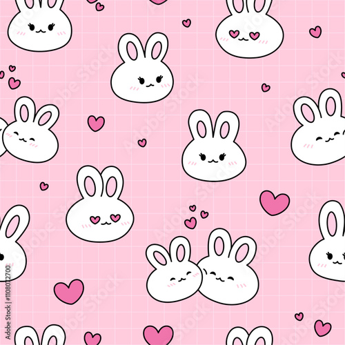 Seamless pattern with kawaii bunnies on pink background. Vector illustration. Valentine's day.