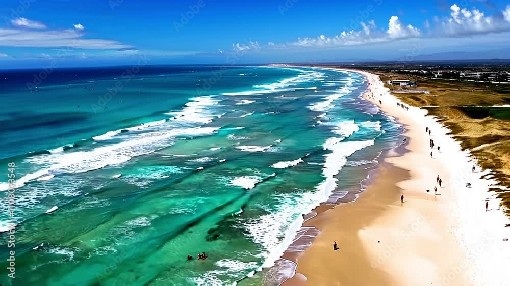 Aerial view of photos and videos with drones The air of sandy beaches and the ocean with waves.