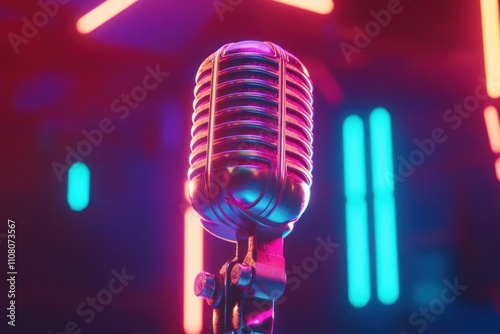 Retro Microphone Illuminated by Neon Lights