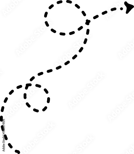 Dashed arrow curving and looping, representing a journey, progress, or a non linear path towards a goal, ideal for visualizing movement, direction, and travel