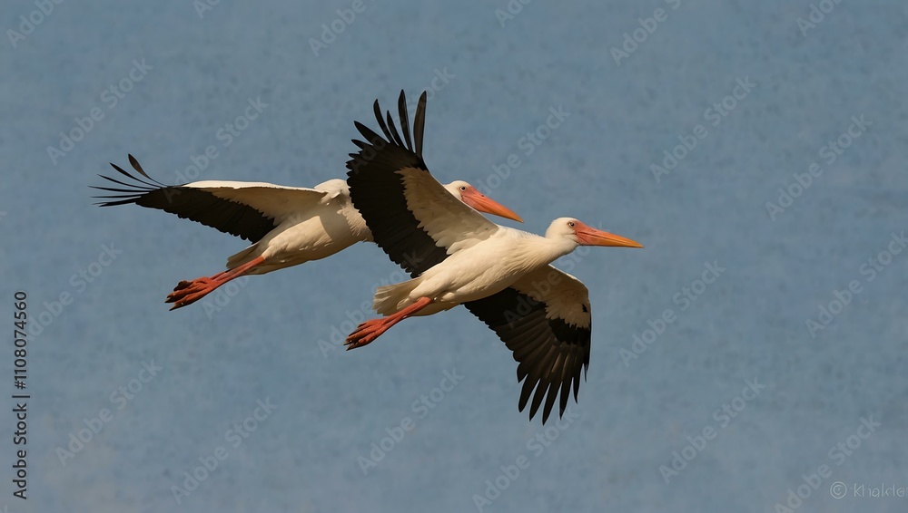 Obraz premium Pair of white storks in flight.