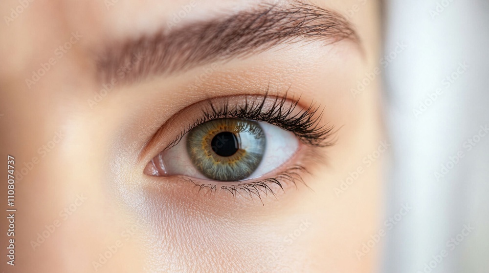 Fototapeta premium Beautiful green human eye with long eyelashes and perfectly shaped eyebrow in macro photography, showing intricate iris details and natural beauty makeup on smooth skin.