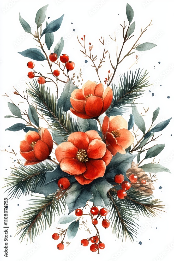 Obraz premium Watercolor Christmas Frame with Fir Branches and Red Flowers