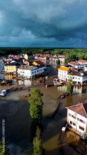 Devastating floodwaters engulf a town after a dam breaks, causing widespread destruction and significant loss