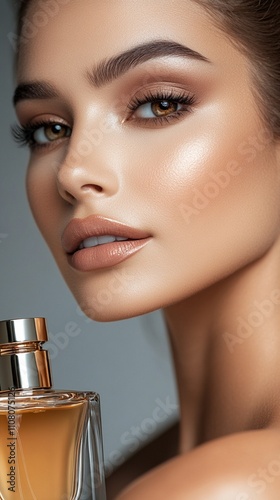 Close-up beauty portrait showcasing flawless glowing skin, perfect eyebrows, and nude makeup look with a luxury perfume bottle in gold tones against grey studio background. photo