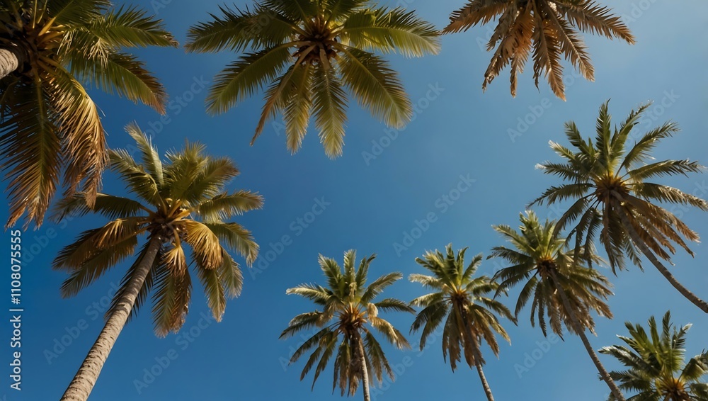 Palm trees with a clear blue sky in the background.