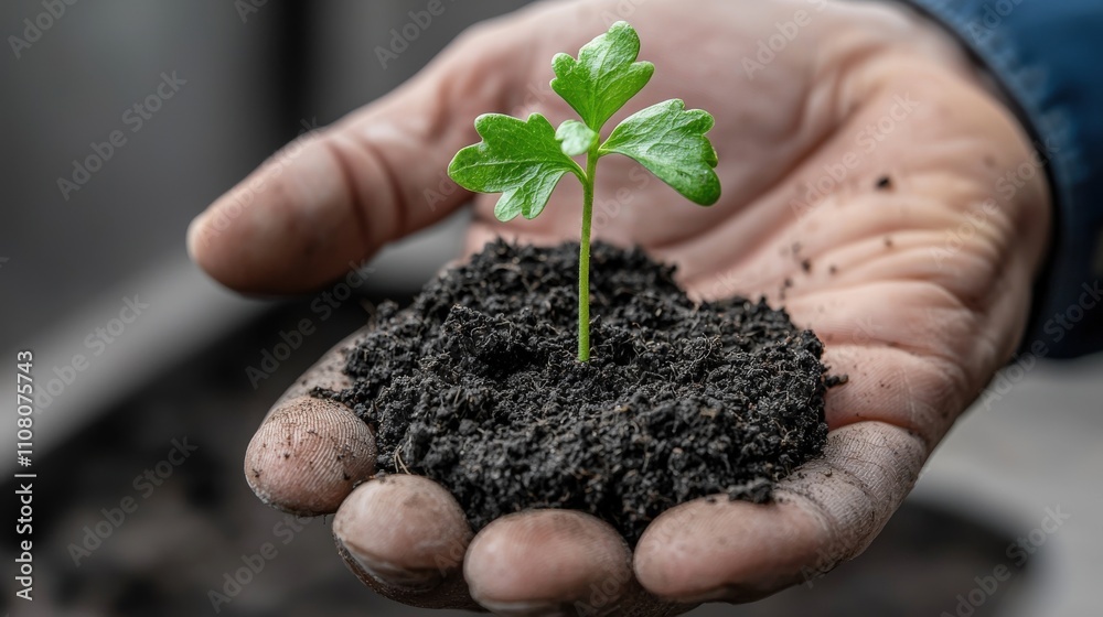 Nurturing growth hand holding a small plant in soil urban garden nature close-up green environment symbol of hope Nurturing growth hand holding a small plant in soil urban garden nature close-up green environment symbol of hope