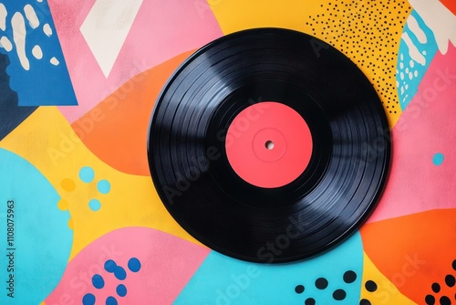 Black Vinyl Record On Colorful Abstract Background
