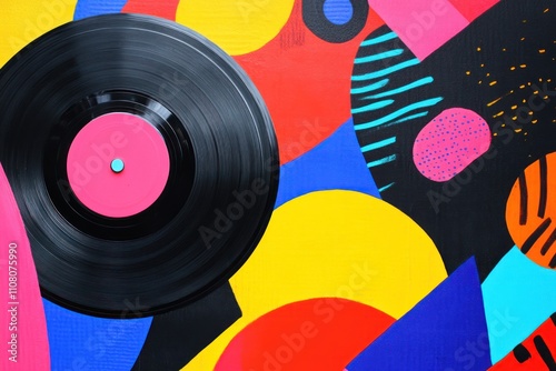 Vinyl Record Against Vibrant Abstract Colorful Background photo