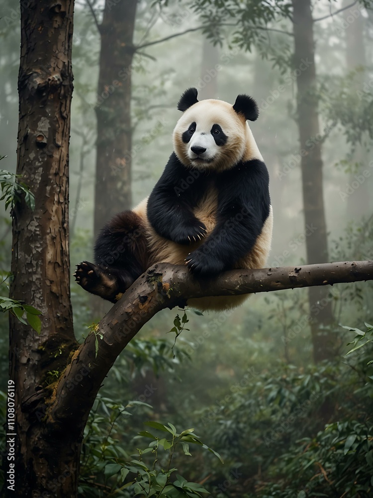 Obraz premium Panda sitting on a tree branch in a misty forest.