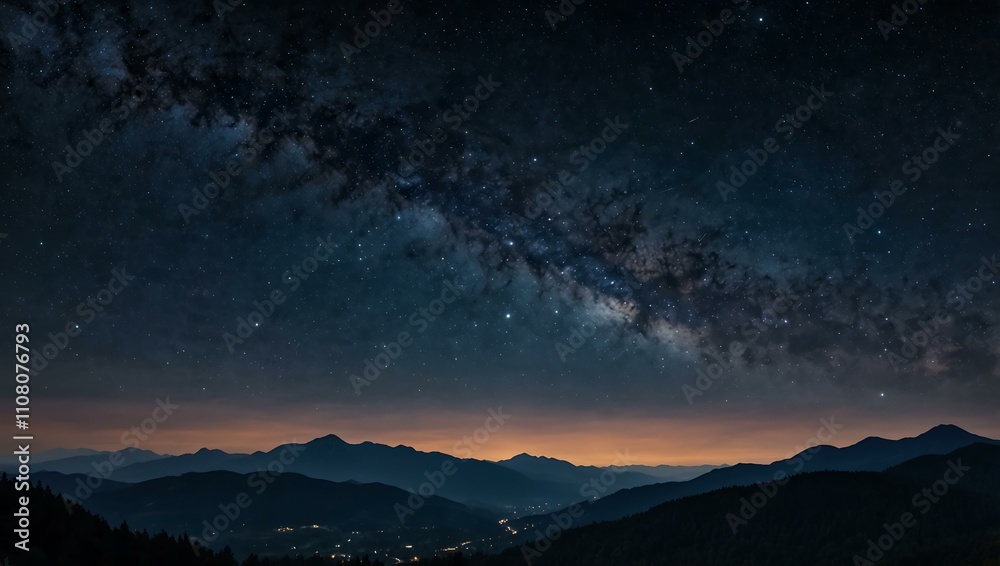 Panoramic starry sky over mountains, serene twilight. Panoramic starry sky over mountains, serene twilight.
