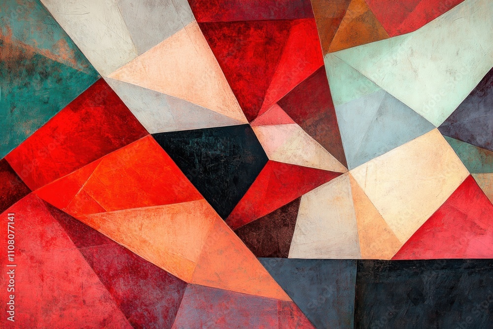 Fototapeta premium Abstract Geometric Painting Red Orange and Teal Hues
