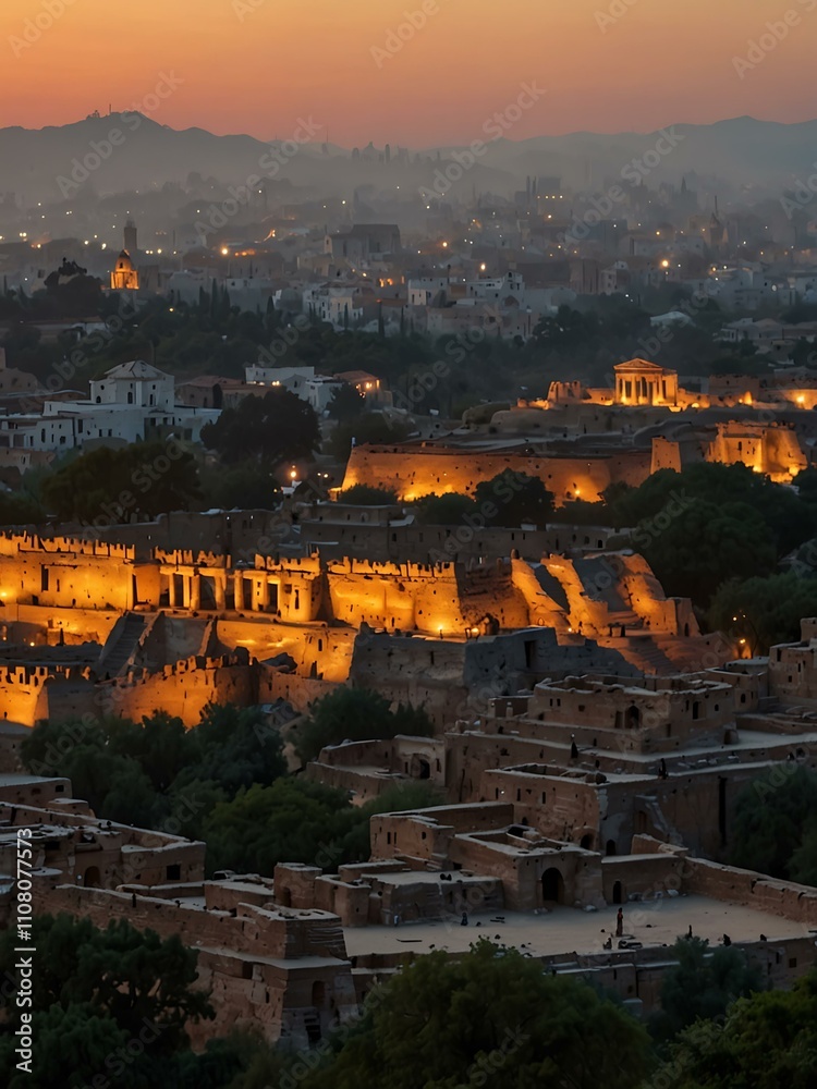 Obraz premium Panoramic view of an ancient city at dawn.