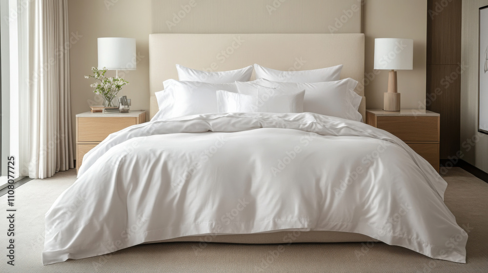 Obraz premium Luxurious hotel-grade bed linens in elegant bedroom design for interior decor inspiration