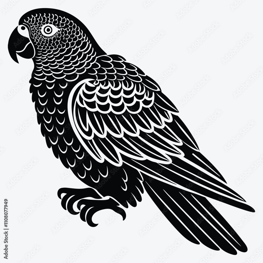 Fototapeta premium African Grey Parrot Silhouette White background illustration. Generative Ai