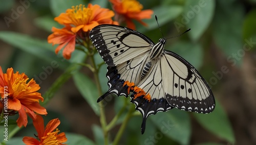 Paper kite butterfly with orange flowers. photo