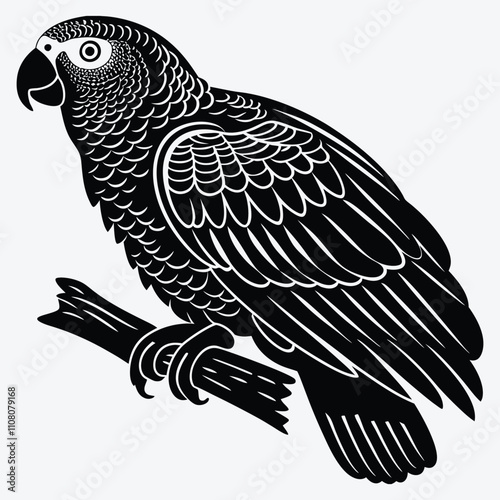 African Grey Parrot Silhouette White background illustration. Generative Ai