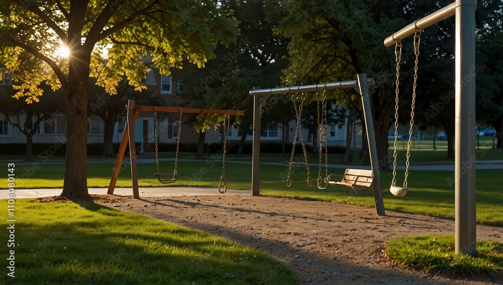 Park with a swing set and streetlight. Park with a swing set and streetlight.