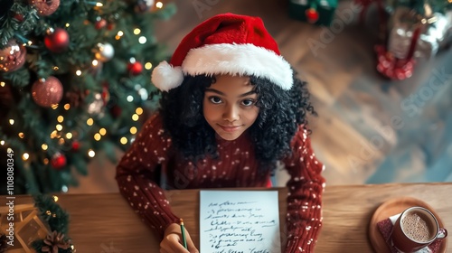 Top view of a girl in Christmas attire writing on paper at a festive table with a mug and decorations, looking up thoughtfully. Perfect for web banners.