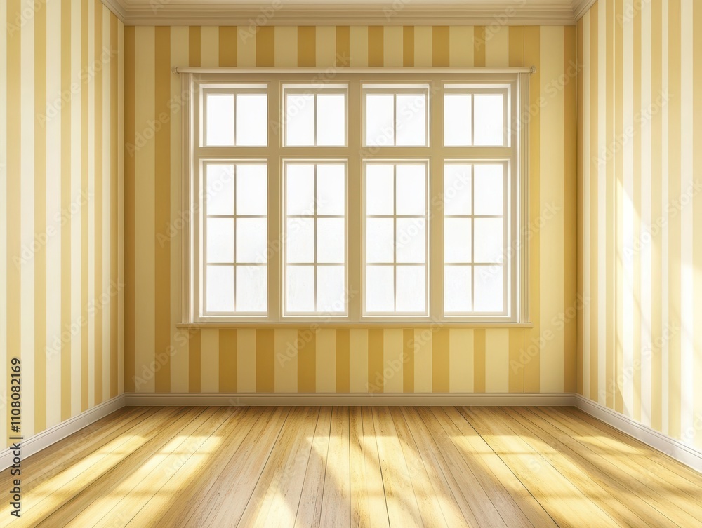 Fototapeta premium Bright and Cheerful Empty Room with Yellow Striped Walls and Large Windows Allowing Natural Light to Flood the Space, Perfect for Interior Design Inspiration