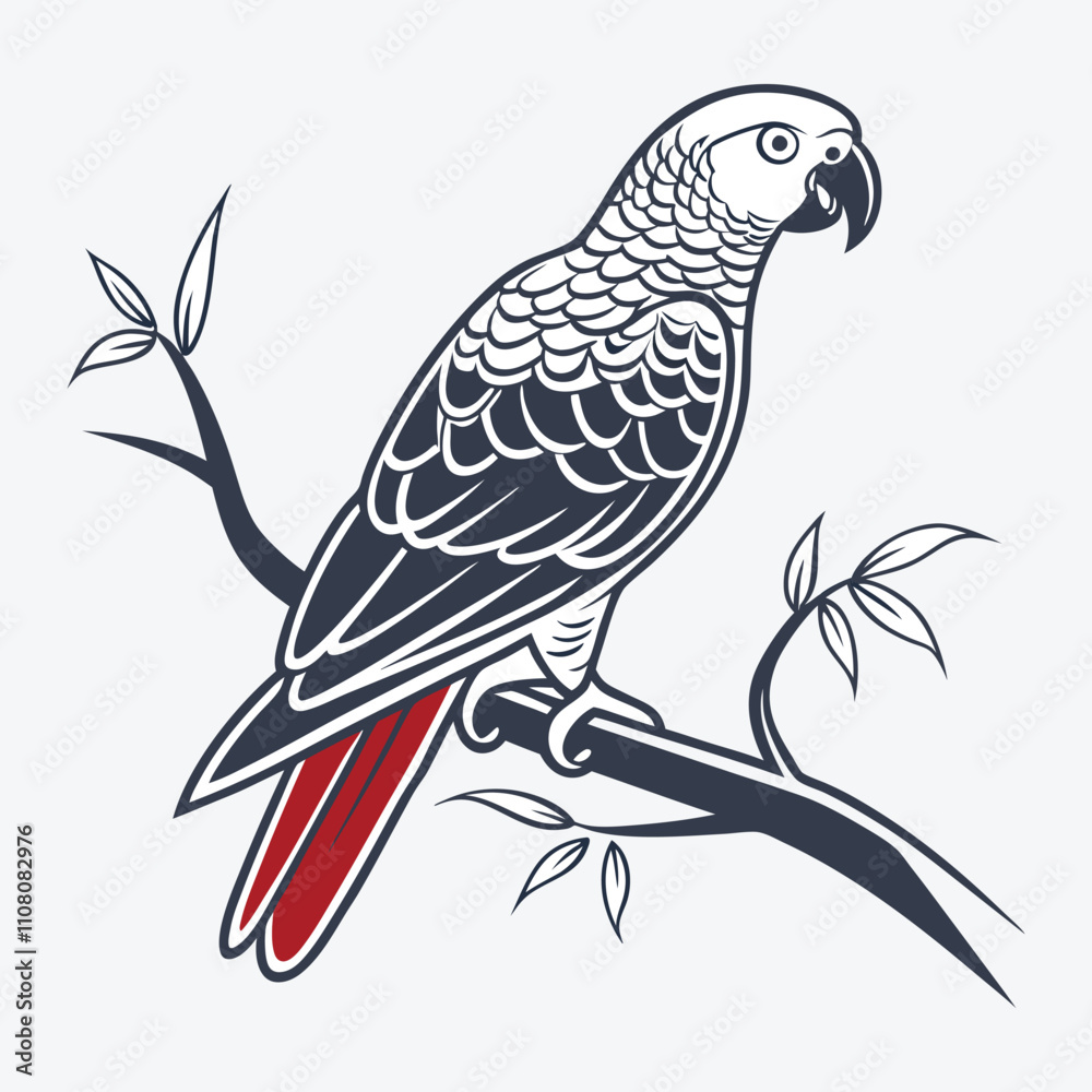 Fototapeta premium African Grey Parrot vector White background illustration Generative Ai