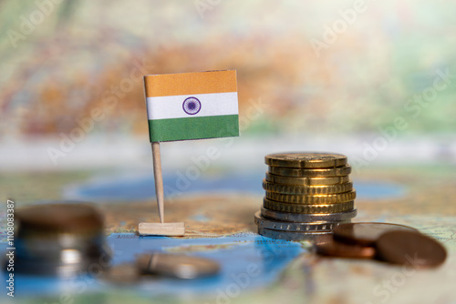 indian flag on map with stacked coins, economic growth, international trade, currency exchange, financial development, rupee currency