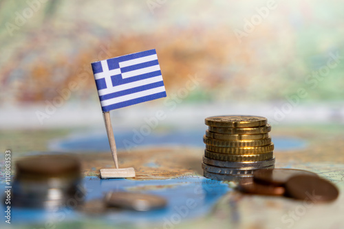 Fototapeta Naklejka Na Ścianę i Meble -  greek flag with coins on a map representing the economy, finance, and national identity of greece