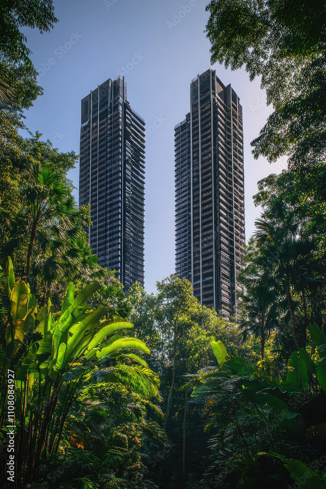 Obraz premium Modern tall skyscrapers surrounded by trees and plants. Creative concept of nature and technology, ecological development