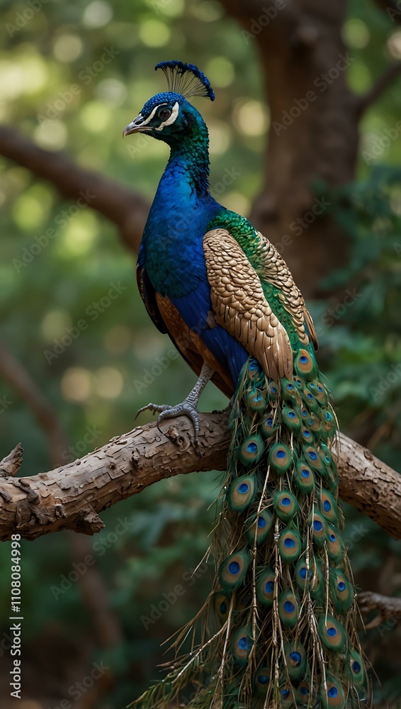 Obraz premium Peacock perched on a branch.