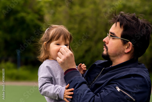 Middle-aged father in glasses wiping nose to his little child with white paper handkerchief outdoors in spring or autumn. Green leaves in background. Parental care and health protection concept