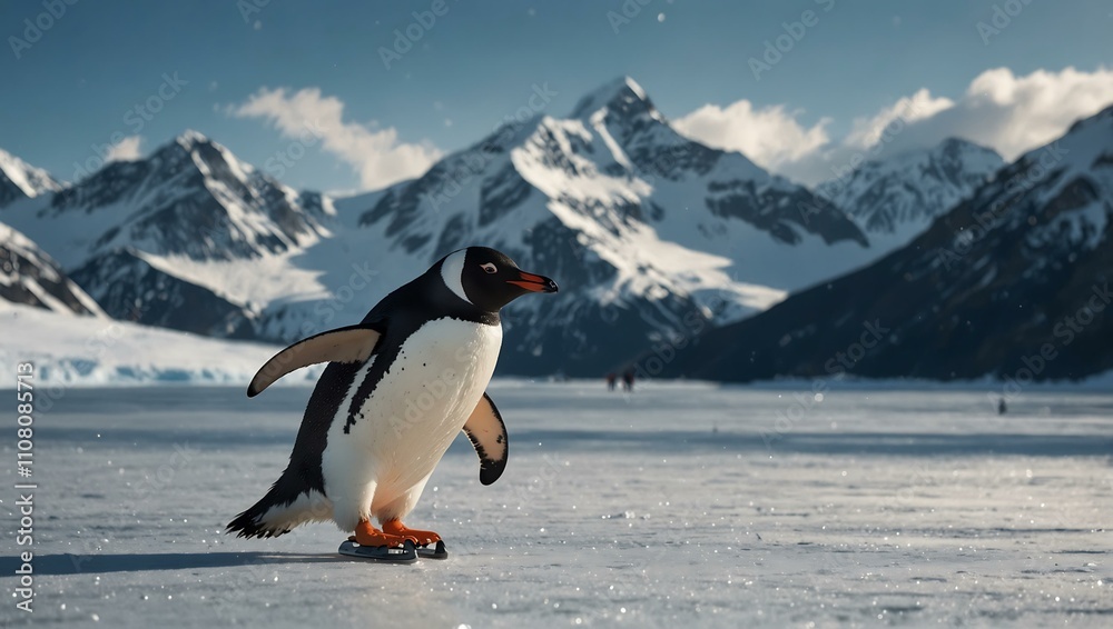 Obraz premium Penguin ice skating with snowy mountains.