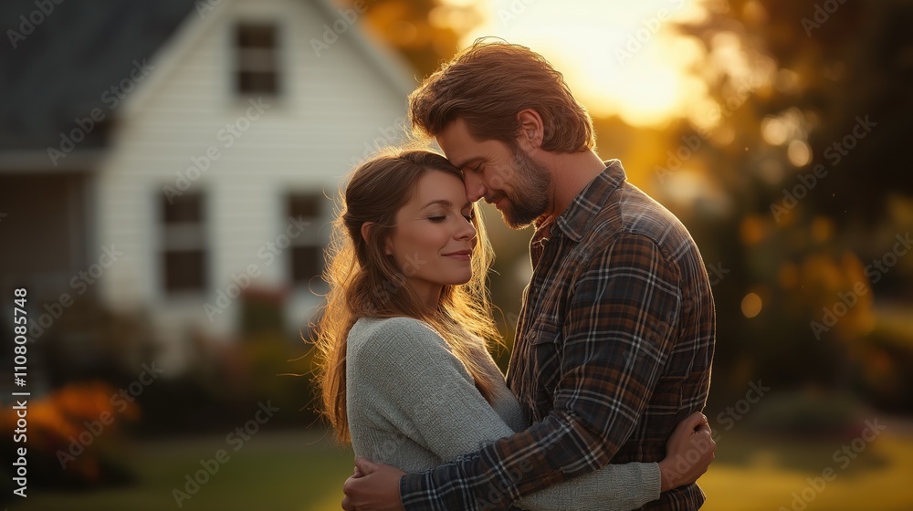 Fototapeta premium Romantic couple embracing in serene suburban setting at sunset