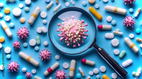 Various antiviral medications arranged with a magnifying glass highlighting a virus model