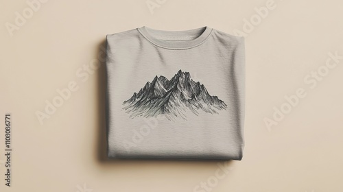 Folded grey t-shirt featuring a minimalist mountain range illust photo