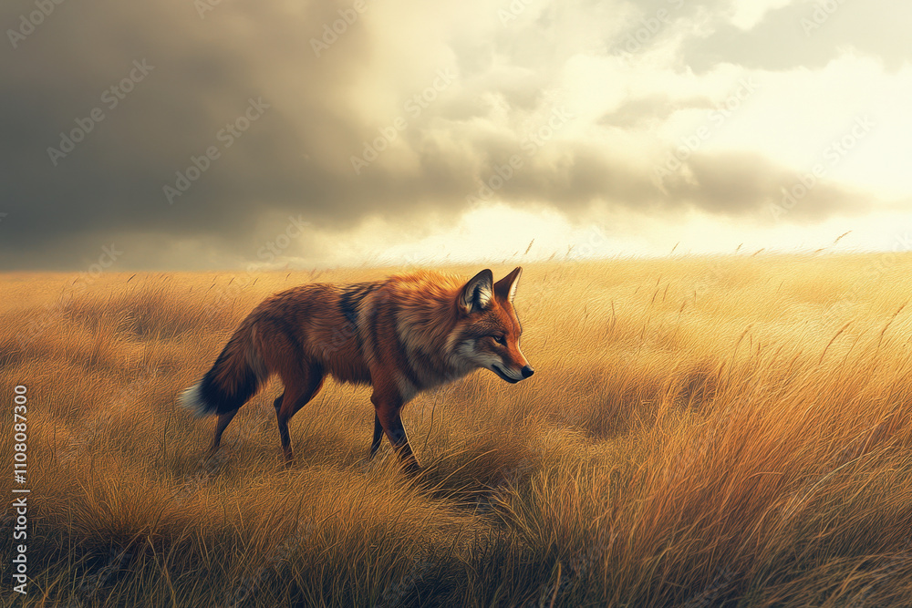 Red Fox Walking Through Golden Plains Red Fox Walking Through Golden Plains