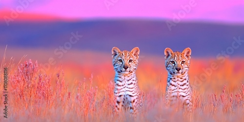 Two leopard cubs in colorful African savanna at sunset. Wild felines in natural habitat. Exotic wildlife scene. Safari adventure concept for travel marketing and nature conservation photo