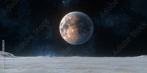 Majestic moon rising over lunar surface. Stunning view of Earth's satellite from alien planet. Space exploration and astronomy concept for science fiction, wallpaper, and educational use